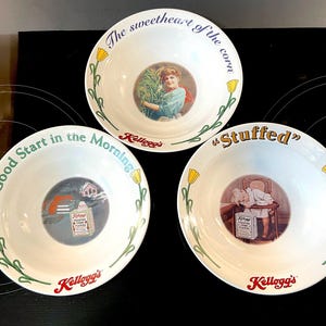Early 1900s Kellogg&#39;s Corn Flakes&#39; Ads Reproduced on White Ceramic Cereal Bowls, 1995, Set of 3, About 6.75&quot; in Diameter