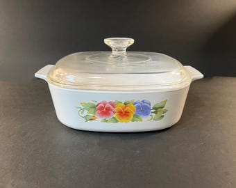 Vintage Corning Ware Summer Blush Casserole: 2 Liter Pansies Floral Dish with Lid