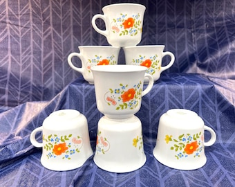 Vintage Corelle "Wildflower" Coffee Cups Bright Stylized Flowers, 1977-1986, Set of 3 or 4