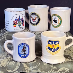 5 U.S. Military Ceramic Coffee Mugs: 3 Different Navy Mugs; 5th Weather Wing; Allied Command Europe. Circa 1990s & Earlier, YOUR CHOICE