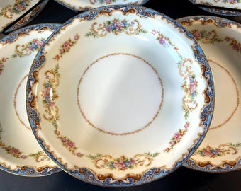 6 Occupied Japan Porcelain Soup Bowls, Floral Borders, by Hira, 1945-1952