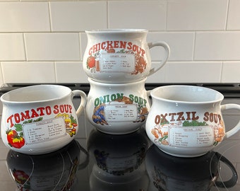 4 Vintage Soup Mugs or Soup Bowls With Recipes, Ceramic, Potbelly Mugs With Handles, Chicken, Onion, Oxtail & Tomato Soup, Colorful 1970s