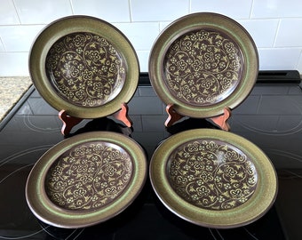 Vintage 1970s Madeira Franciscan Earthenware Salad Plates, Green Vines on Brown Background, 8.25" Round, Set of 4, Great Retro Style, MCM