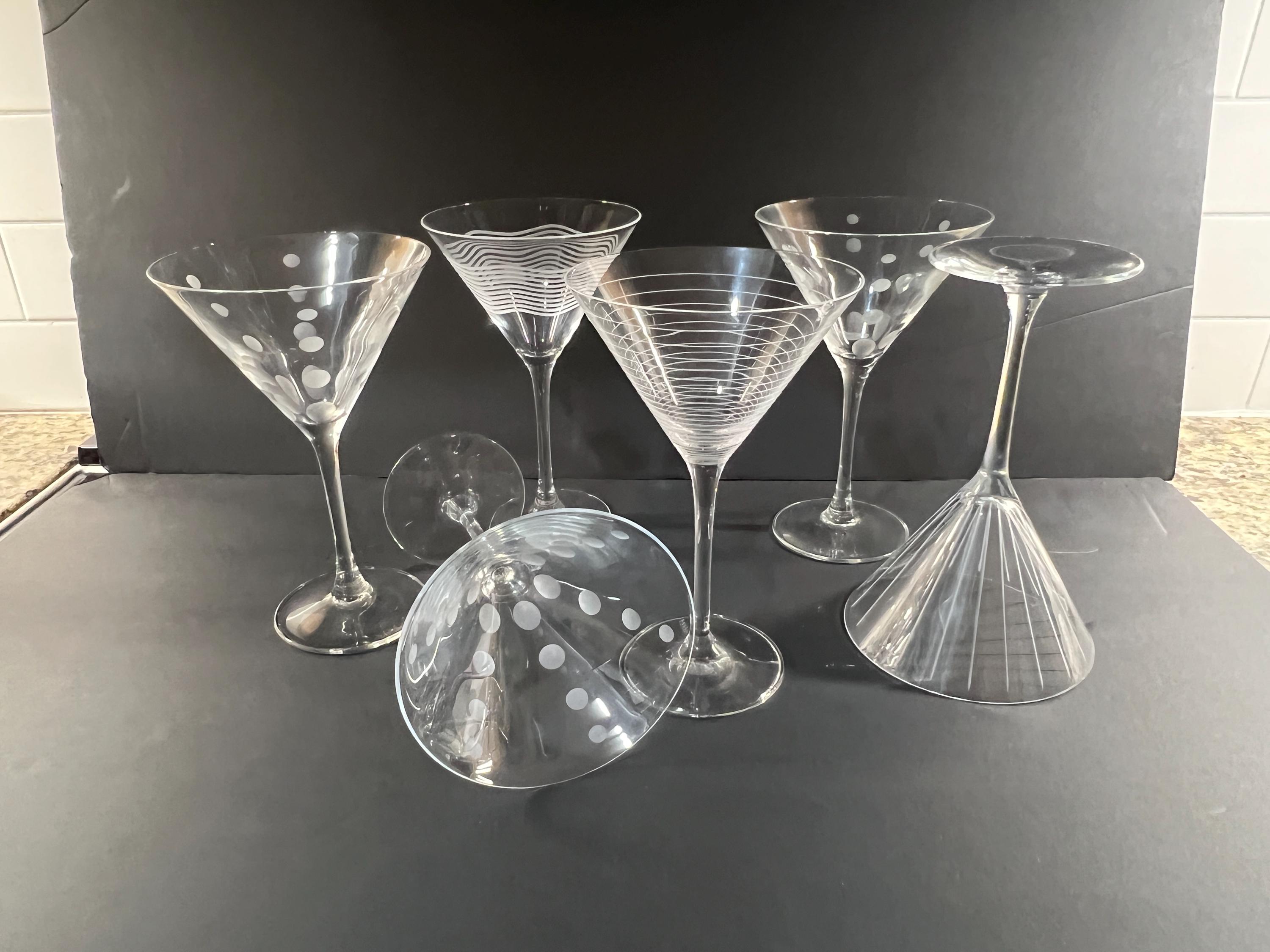 Glass Etched Mikasa Cheers Martini Glasses Mikasa Crystal Martini Glasses:  "Cheers" Pattern, Straight Or Wavy Lines Or Dots, Your Choice
