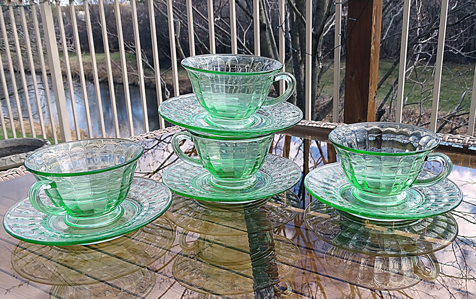 Vintage Green Depression Glass Coffee Cups and Saucers Block Etsy