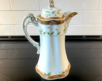 Antique Nippon (Japan) Handpainted Hot Chocolate Pot & Lid, Teapot, Gorgeous Porcelain with Delicate Flowers, Gold Moriage Beading, 1911-&#39;21