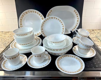 Corelle &quot;Butterfly Gold&quot; Dishware: Dinner Plates, Cereal Bowls, Lunch Plates, Cups & Saucers, Veggie Bowls, Berry Bowls, Platter, etc, 1970s