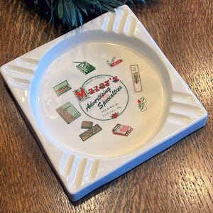 Large Vintage 1950s Ceramic Advertising Ashtray &quot;Mazer’s Advertising Specialties,&quot; Hester, PA., Features Great Advertising Graphic