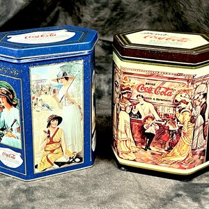 2 Vintage Retro Coca-Cola Tins With 1890s Images, Hexagonal Coca-Cola Tins With Lids, Collectible Coca-Cola Tins, Circa 1990s, 6" Tall