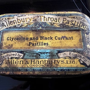 Antique English Medicine Tin &quot;Allenbury&#39;s Throat Pastilles&quot; With Attached Lid, London, Circa 1920, Small Collectible Tin