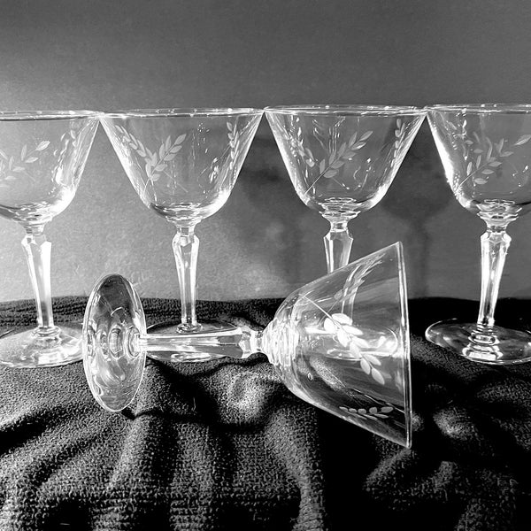 Retro Etched Wine or Cordial Glasses With Wheat Pattern, Set of 5, Clear Glass, Excellent Condition, Circa 1950s