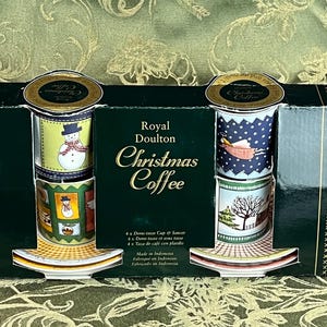 Royal Doulton Demitasse &quot;Christmas Coffee&quot; Set,  4 Small Coffee Cups & 4 Matching Saucers, Fine China, Unused, in Original Package, 1999