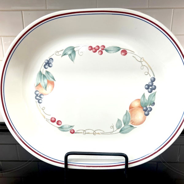 Vintage Corelle "Abundance" Serving Platter by Corning, Oval, About 12" X 10", Colorful Fruit Design, Circa 1990s, Microwavable