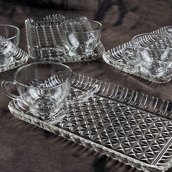 Anchor Hocking "Serva-Snack" Set, Rectangular Glass Plates With Square/Diamond Design, Matching Cups, 8 Piece Set, Original Box, 1940s