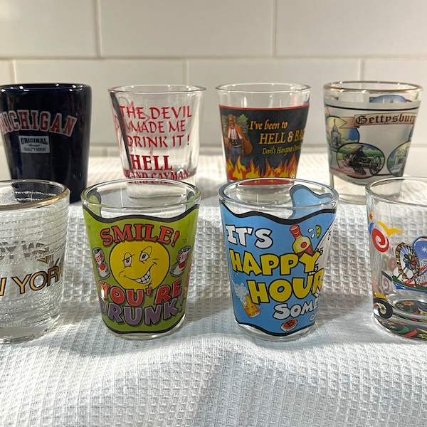 SALE! 8 Cute, Rare Vintage Souvenir Shot Glasses: NYC, Pennsylvania (2), Grand Caymans (3) Belize, Michigan. Whiskey/Liquor Glasses,