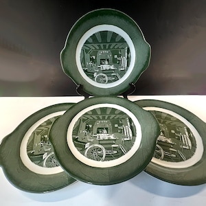 4 &quot;Colonial Homestead&quot; Ceramic Dinner Plates With Handles by Royal China, Classic Americana, Green & White, Rustic Farmhouse Style, 1950s