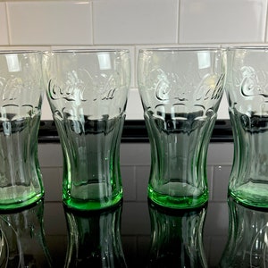 Coca-Cola Glasses, Green Glass, by Libbey Glass Company, 6" Tall, Holds 16 Ounces, Set of 4