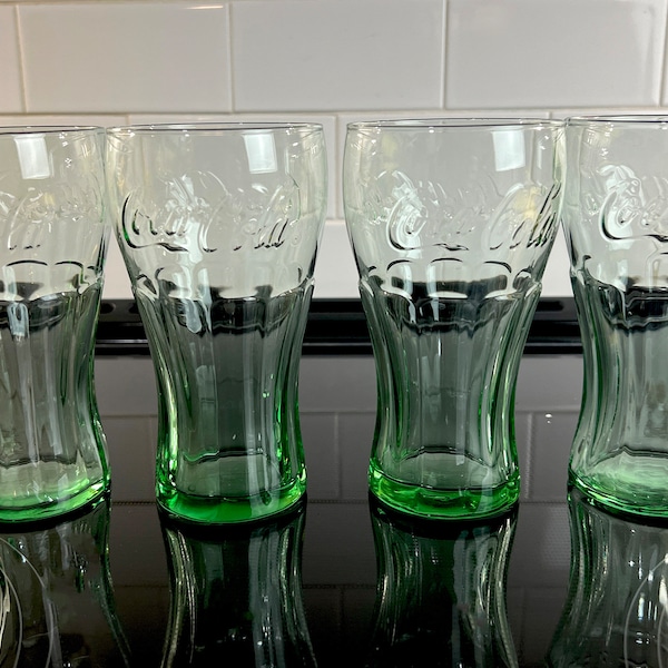 Coca-Cola Glasses, Green Glass, by Libbey Glass Company, 6" Tall, Holds 16 Ounces, Set of 4