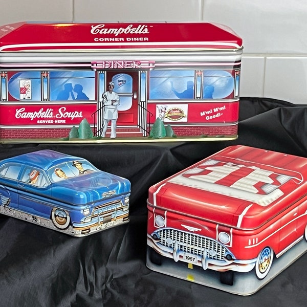 Three 1980s Car and Automotive Themed Collectible Tins: Campbell's Soup Diner Tin, "Carlectables" Ian Logan Car Tin, and Red Car Tin