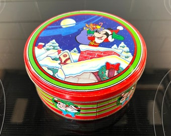 Rare Vintage Mickey Mouse Small Christmas Tin, Mickey as Santa, Mickey and Minnie, 5" Tin With Cover