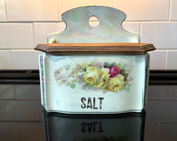Antique Ceramic Salt Box With Roses, Hinged Wood Lid, Wall Hanging Salt