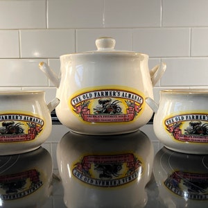 SALE! Vintage Ceramic Farmer&#39;s Almanac Bean Pot / Soup Crock With Lid and 2 Bowls, Westwood International, 1994, Colorful, Sturdy and Fun!