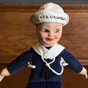 Vintage 8&quot; Norah Wellings &quot;Jolly Boy&quot; Sailor Doll, U.S.S. Columbus Navy Ship, Made in England, Cloth Doll, Blue Velvet Uniform, Circa 1950s