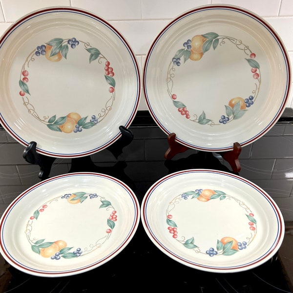 REDUCED! Vintage Corelle "Abundance" 2 Luncheon Plates & 2 Dinner Plates, Corning, Colorful Fruit Design on Cream Background, 1990s