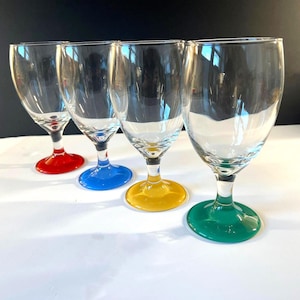4 Blown Glass Goblets, Each With a Different Color Opaque Foot: Red, Yellow, Green & Blue