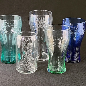 Vintage Coca-Cola Glasses, 5 Different Designs and Shapes, Clear and Tinted Glass, Logo Molded into Glass, Set of 5
