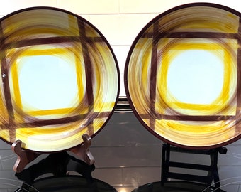 Midcentury Metlox Organdie Lunch Plates: Yellow Brown Plaid, Set of 2