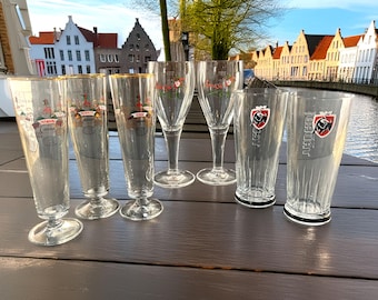 Belgian Glasses With Brands of Beer, Your Choice: 3 Lindemans, 2 Zot, 2 Jupiler Tauro