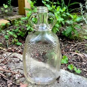 Antique Wine Jug With Embossed Grapes and Vines, 2 Handles, Clear Glass, Made by Ball, Half Gallon, About 10.5&quot; Tall, 1930-1950