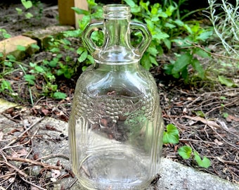 Antique Wine Jug With Embossed Grapes and Vines, 2 Handles, Clear Glass, Made by Ball, Half Gallon, About 10.5" Tall, 1930-1950