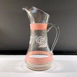 1950s Hand-painted Tall Glass Pitcher With Pink, White & Gray Abstract Leaves on Clear Glass, Elegant Shape, 11&quot; Tall Classic MCM Design