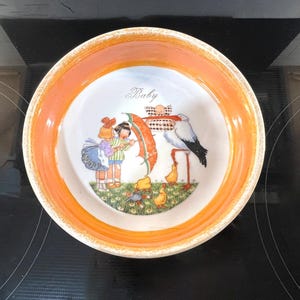 Baby&#39;s Cereal Bowl, Child&#39;s Bowl, Whimsical Illustration of Stork, Ducks & Children, Ceramic, DF Czechoslovakia, Circa 1920, For Display