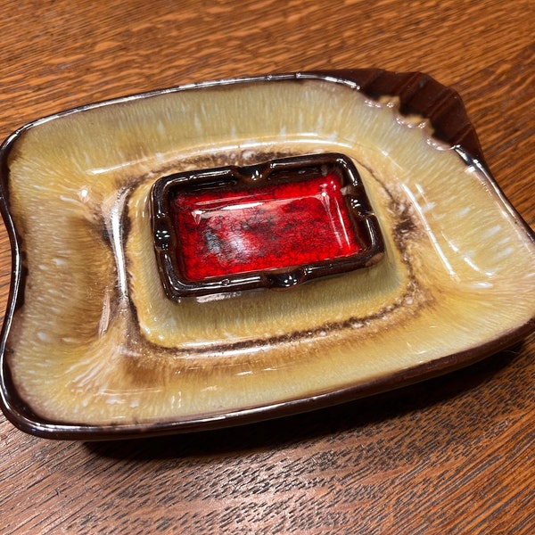 MCM Ceramic Ashtray, Brown, Yellow Green, & White Drip Glaze With Red Glass Glaze, 6.75" X 5", Abstract Rectangular Shape, Circa 1960s