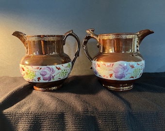 Antique Luster Ware/Copper Luster Pitchers or Jugs, Staffordshire, England, With Colorful Floral Banding, Set of 2, Circa 19th Century