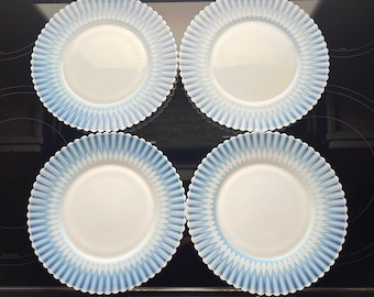 Salad Plates, Petalware Monax Depression Glass, Round, 8.25&quot;, Set of 4, Translucent White Glass, Made from 1930-1950, Exceptional Condition