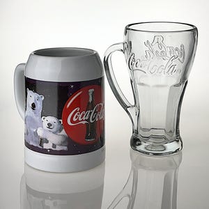2 Coca-Cola Mugs, 1 for Summer and 1 for Winter: 1 Clear Tall Glass Mug With Logo & 1 Ceramic Polar Bear Mug, Circa 1990s, Set of 2