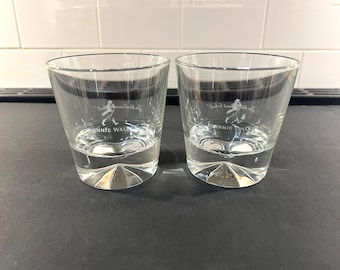 2 Johnnie Walker Whiskey Glasses: Diamond (Prism) Base, Etched Striding Man Logo