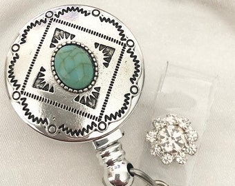 ID Badge holder with Rhinestone Accent Turquoise color may vary in darkness