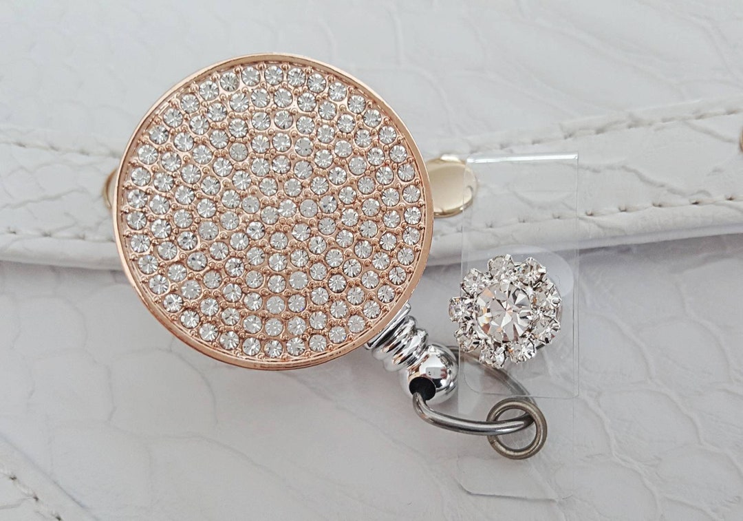 Retractable ID Badge Holder Rose Gold Rhinestone Bling ID Etsy