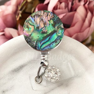 Abalone Shell Designs will vary Retractable ID Badge Reel with Rhinestone Accent