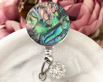 Abalone Shell Pattern will vary Retractable ID Badge Reel with Rhinestone Accent
