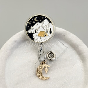 Camping with Reversible Moon charm Retractable Id Badge Reel Holder