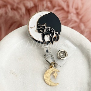 Sleepy Cat & Moon Retractable Id Badge Reel Holder