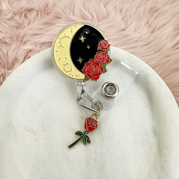 Lunar Rose with Rose charm Retractable Id Badge Reel Holder