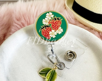 Floral Strawberries Retractable Id Badge Reel Holder