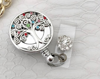 Rhinestone Accent ID Badge Reel - Tree of Life Swivel Clip